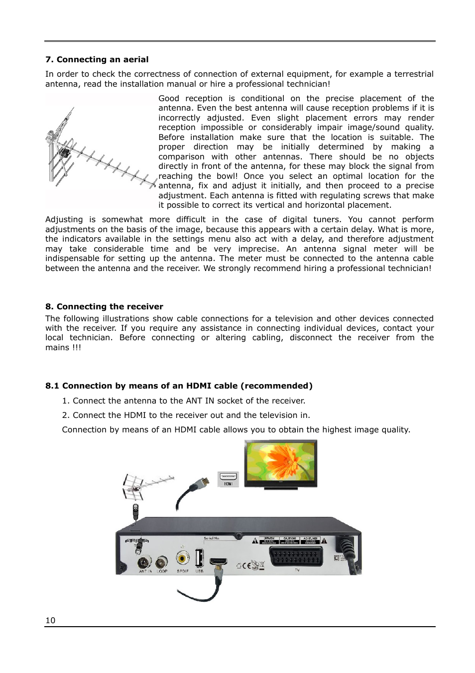 Connecting an aerial, Connecting the receiver | Ferguson Ariva T65 User Manual | Page 10 / 36