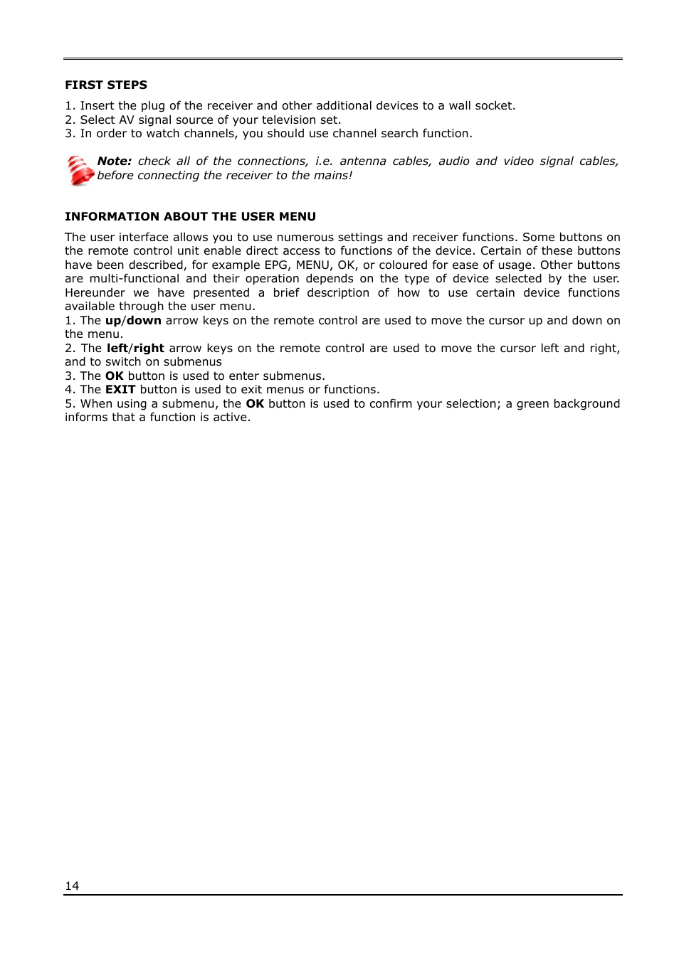 First steps, Information about the user menu | Ferguson Ariva T65 User Manual | Page 14 / 36