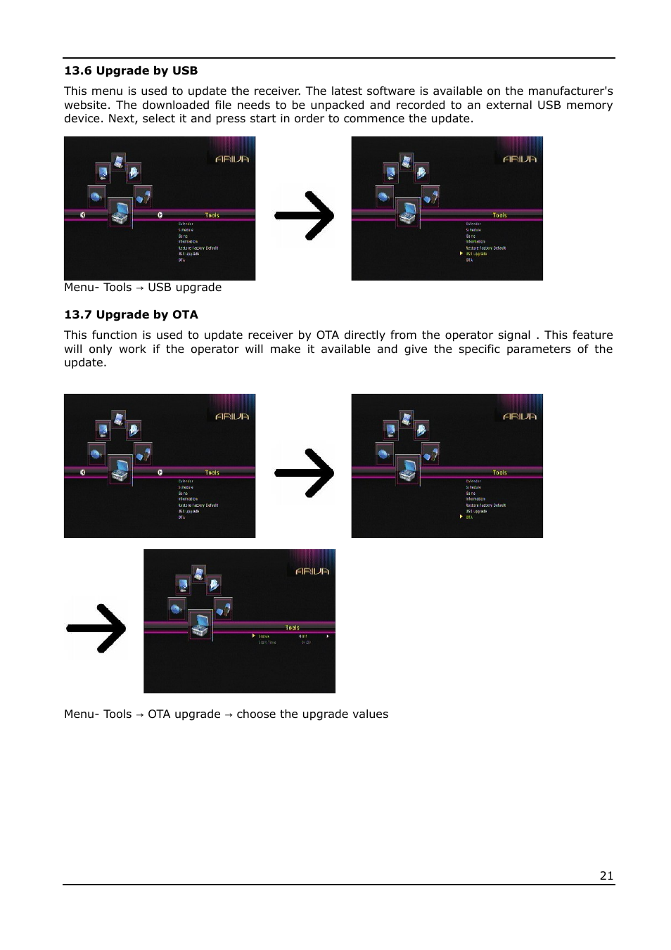 6 upgrade by usb, 7 upgrade by ota | Ferguson Ariva T65 User Manual | Page 21 / 36