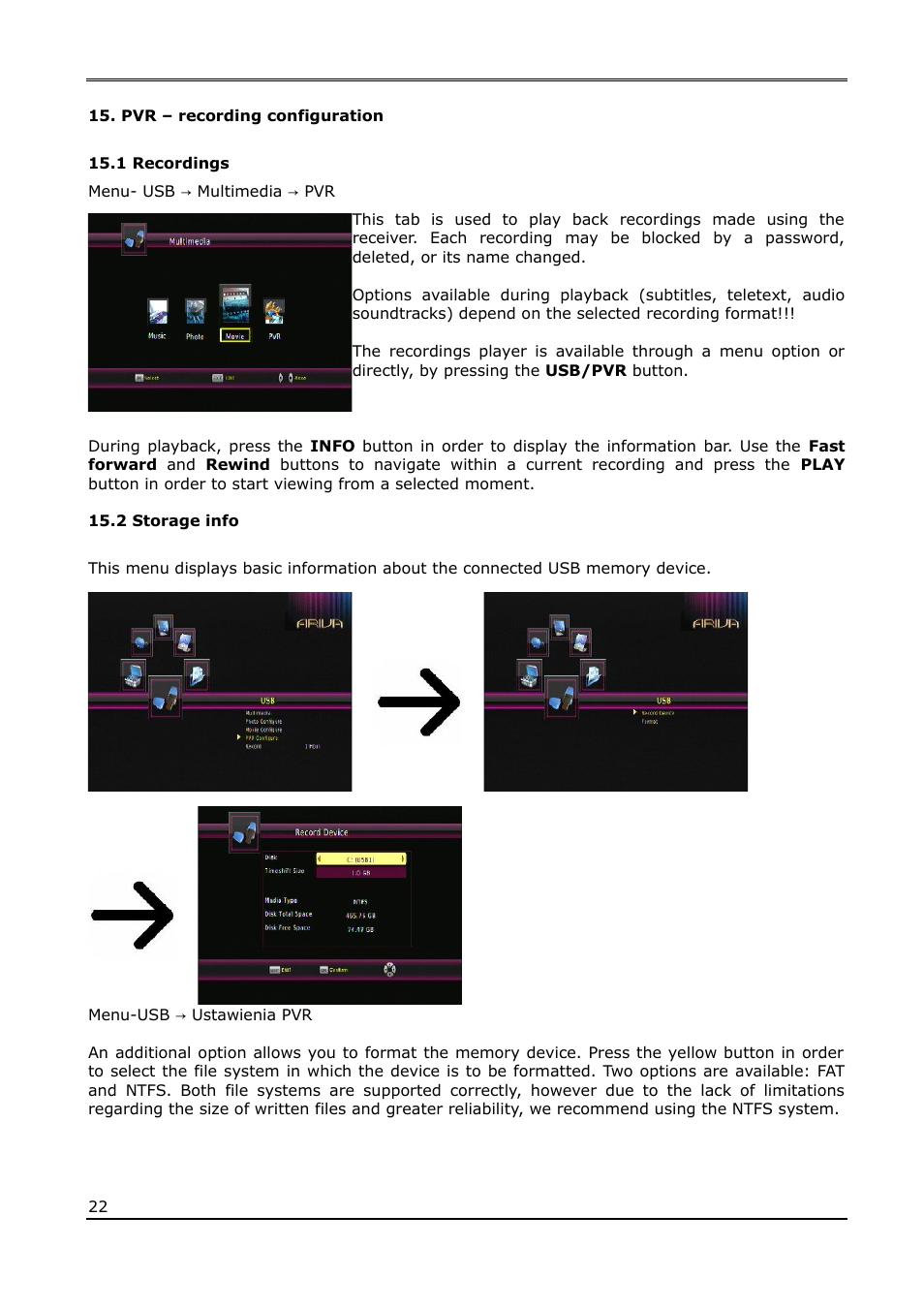 Pvr – recording configuration, 1 recordings, 2 storage info | Ferguson Ariva T65 User Manual | Page 22 / 36