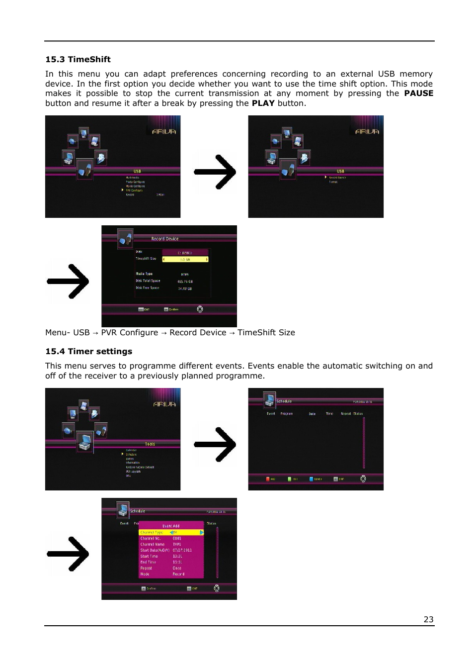 3 timeshift, 4 timer settings | Ferguson Ariva T65 User Manual | Page 23 / 36