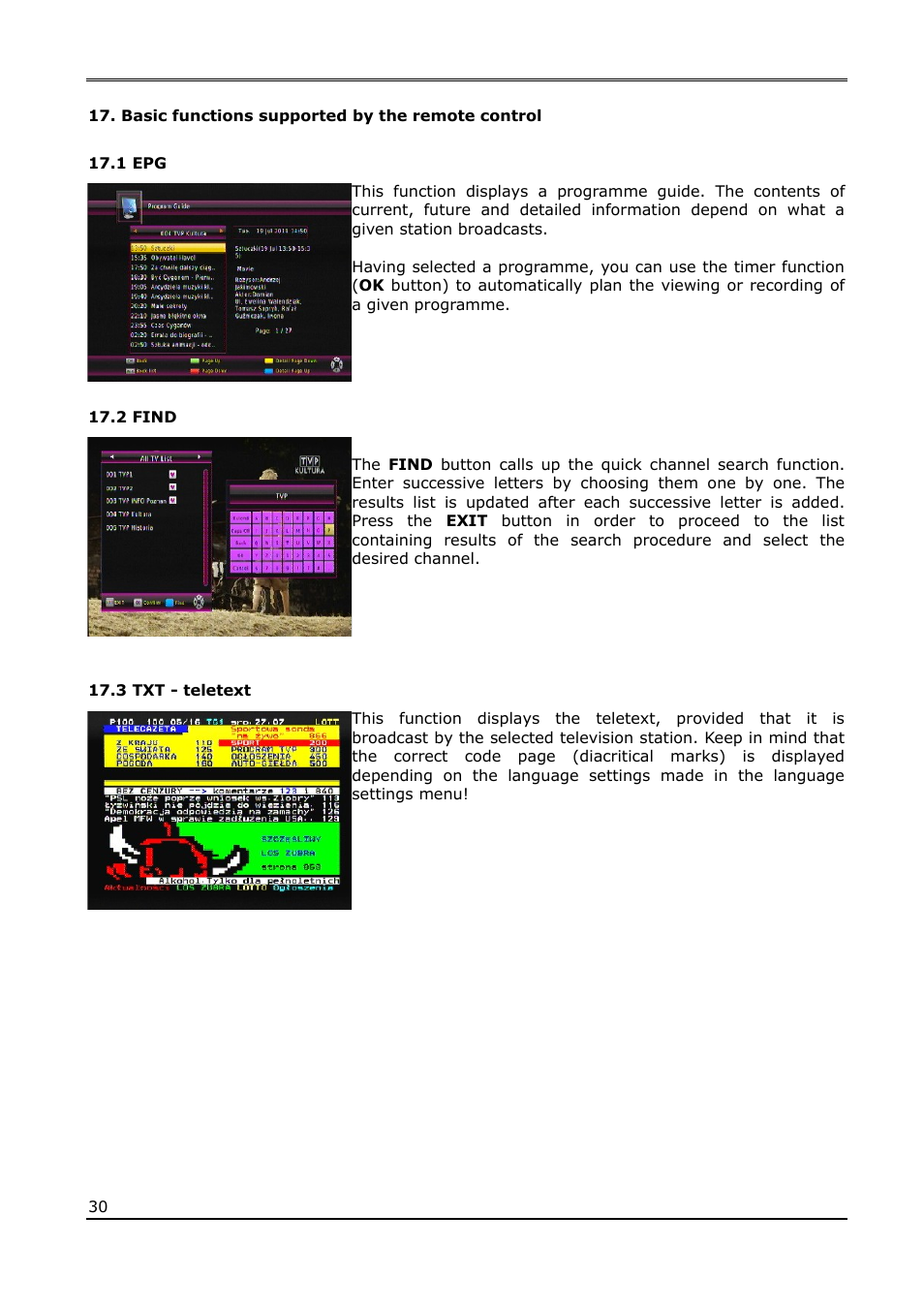 Basic functions supported by the remote control, 1 epg, 2 find | 3 txt - teletext | Ferguson Ariva T65 User Manual | Page 30 / 36