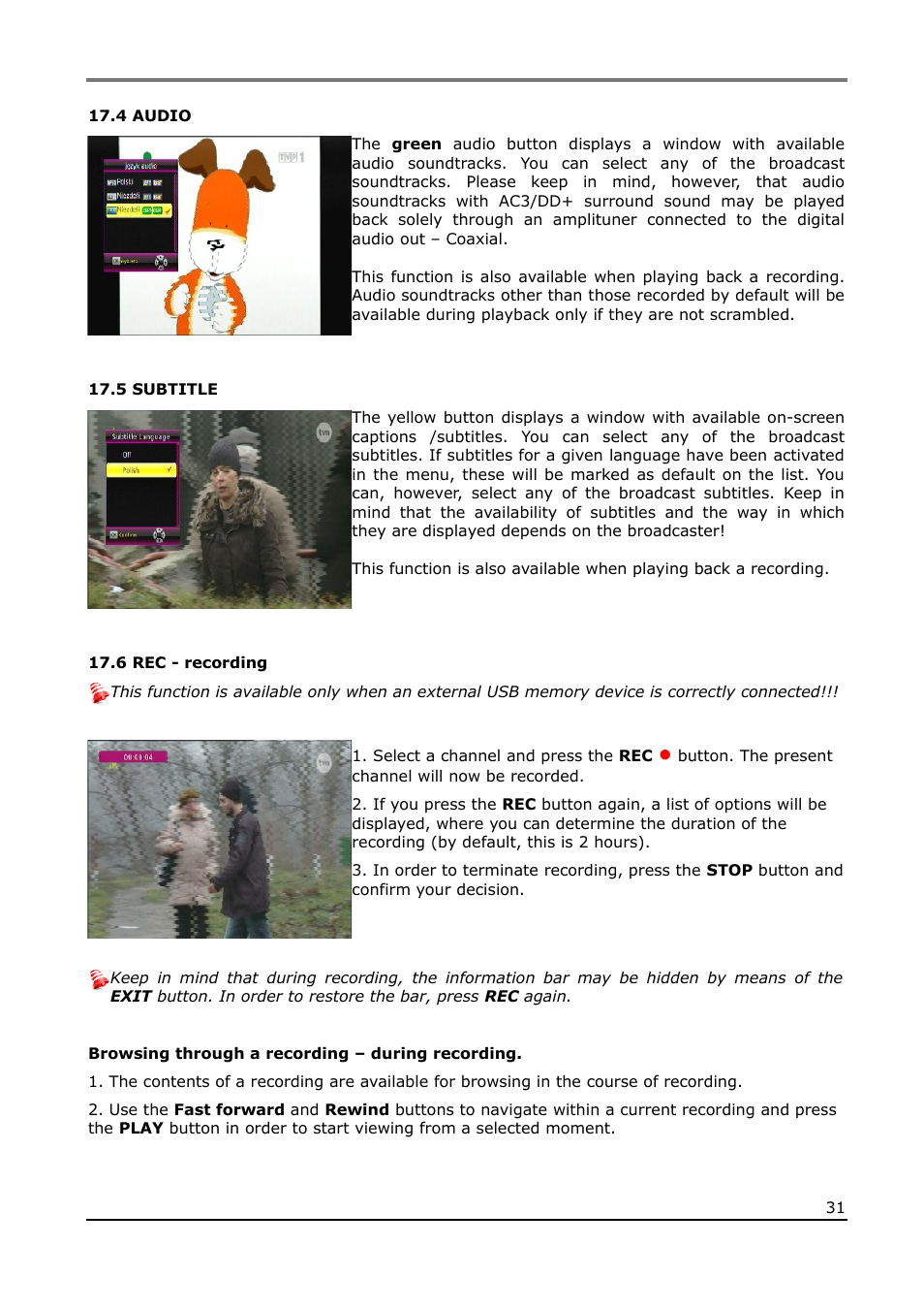 4 audio, 5 subtitle, 6 rec - recording | Ferguson Ariva T65 User Manual | Page 31 / 36