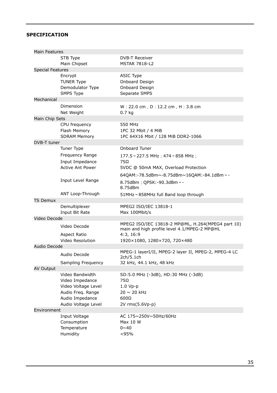 Specification | Ferguson Ariva T65 User Manual | Page 35 / 36