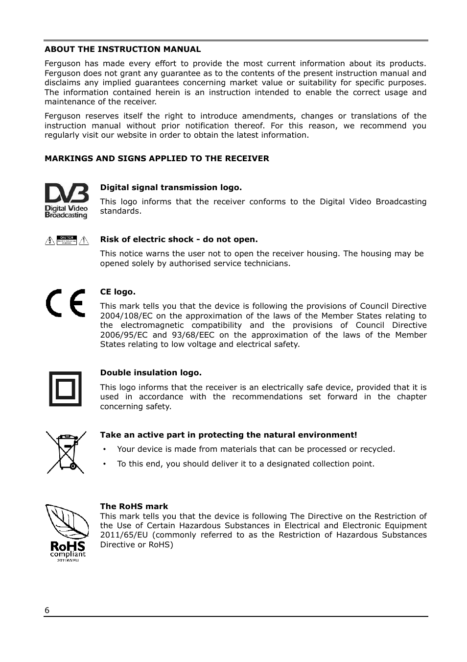 About the instruction manual, Markings and signs applied to the receiver | Ferguson Ariva T65 User Manual | Page 6 / 36