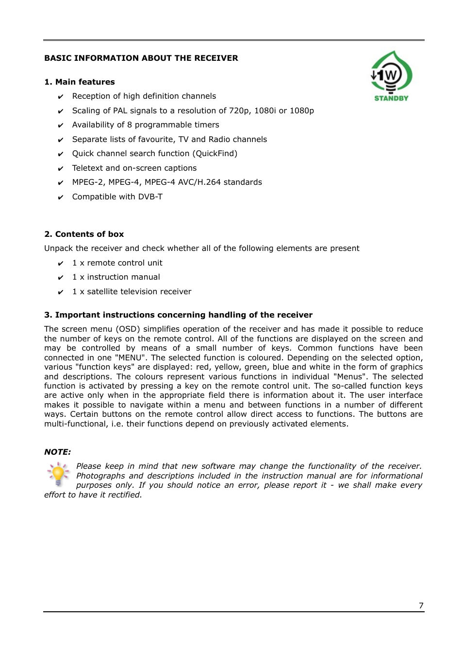 Basic information about the receiver, Main features, Contents of box | Ferguson Ariva T65 User Manual | Page 7 / 36