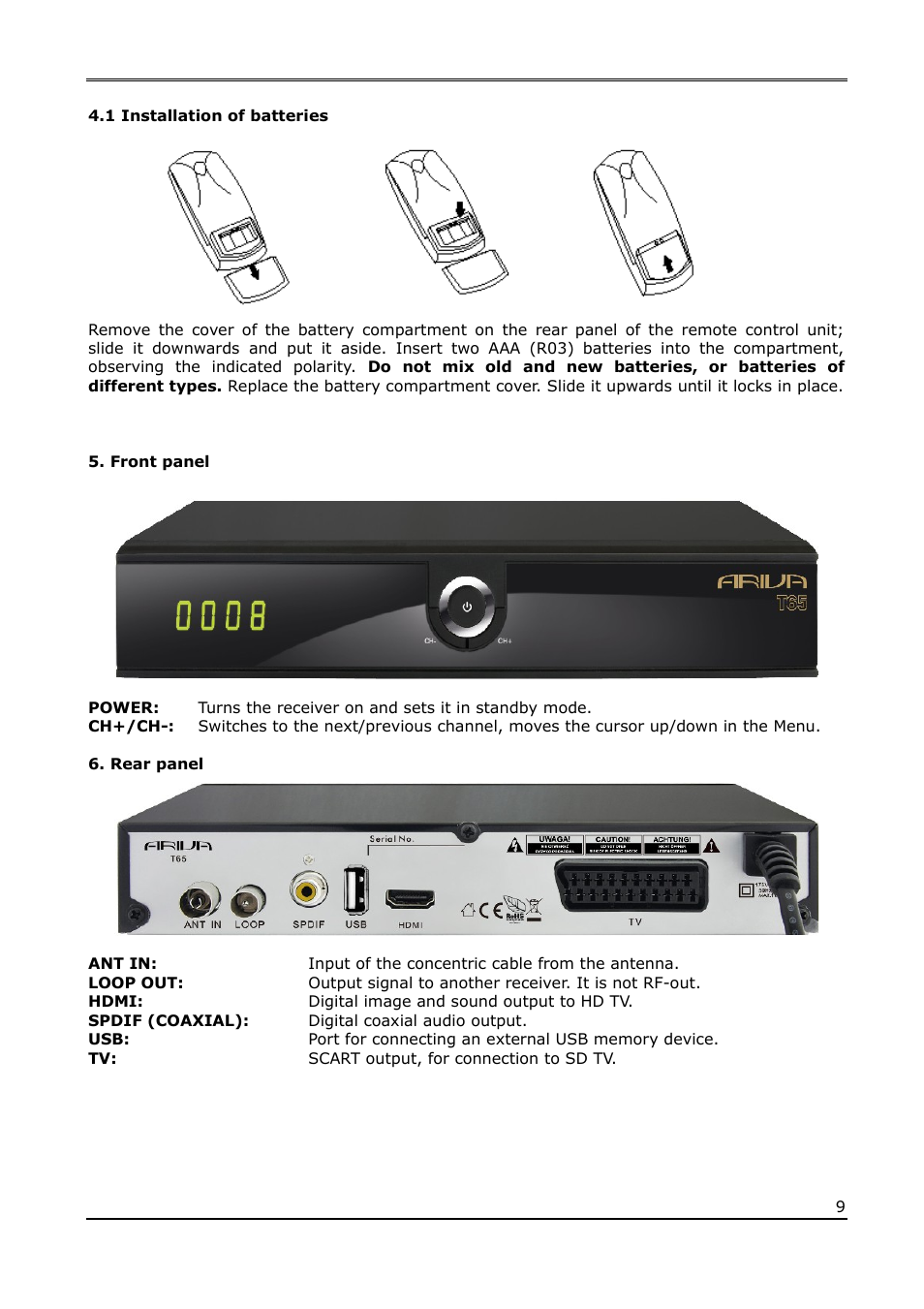 1 installation of batteries, Front panel, Rear panel | Ferguson Ariva T65 User Manual | Page 9 / 36