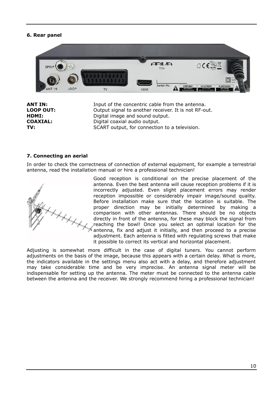 Rear panel, Connecting an aerial | Ferguson Ariva T60 User Manual | Page 10 / 35