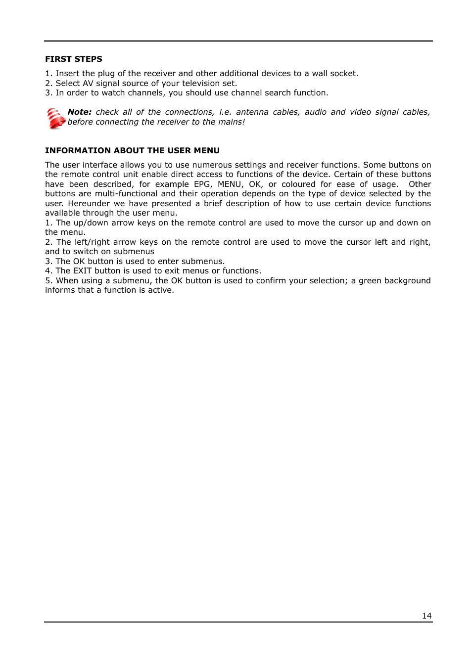 First steps, Information about the user menu | Ferguson Ariva T60 User Manual | Page 14 / 35