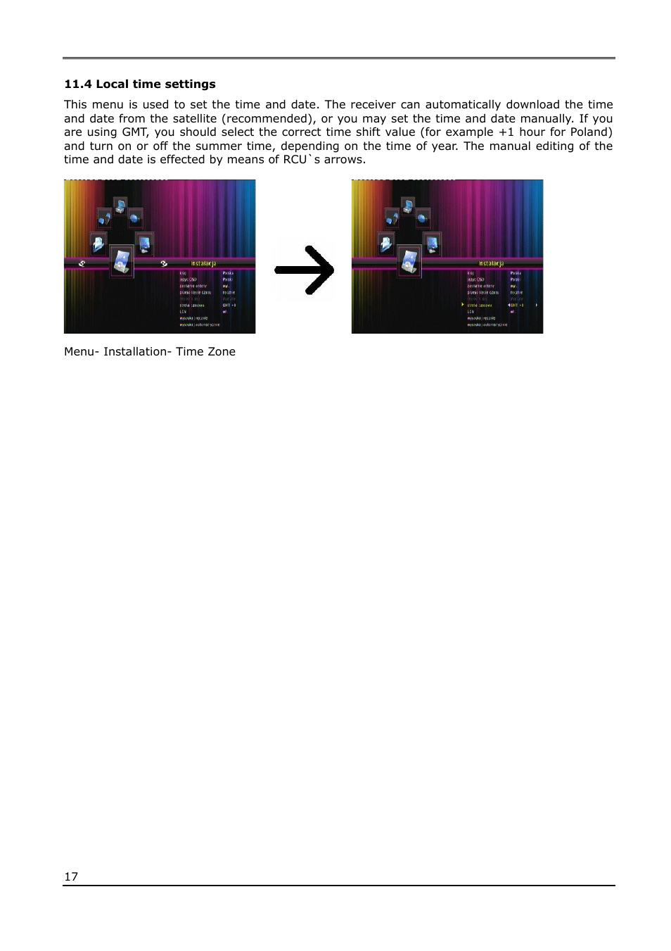 4 local time settings, Menu- installation- time zone | Ferguson Ariva T60 User Manual | Page 17 / 35