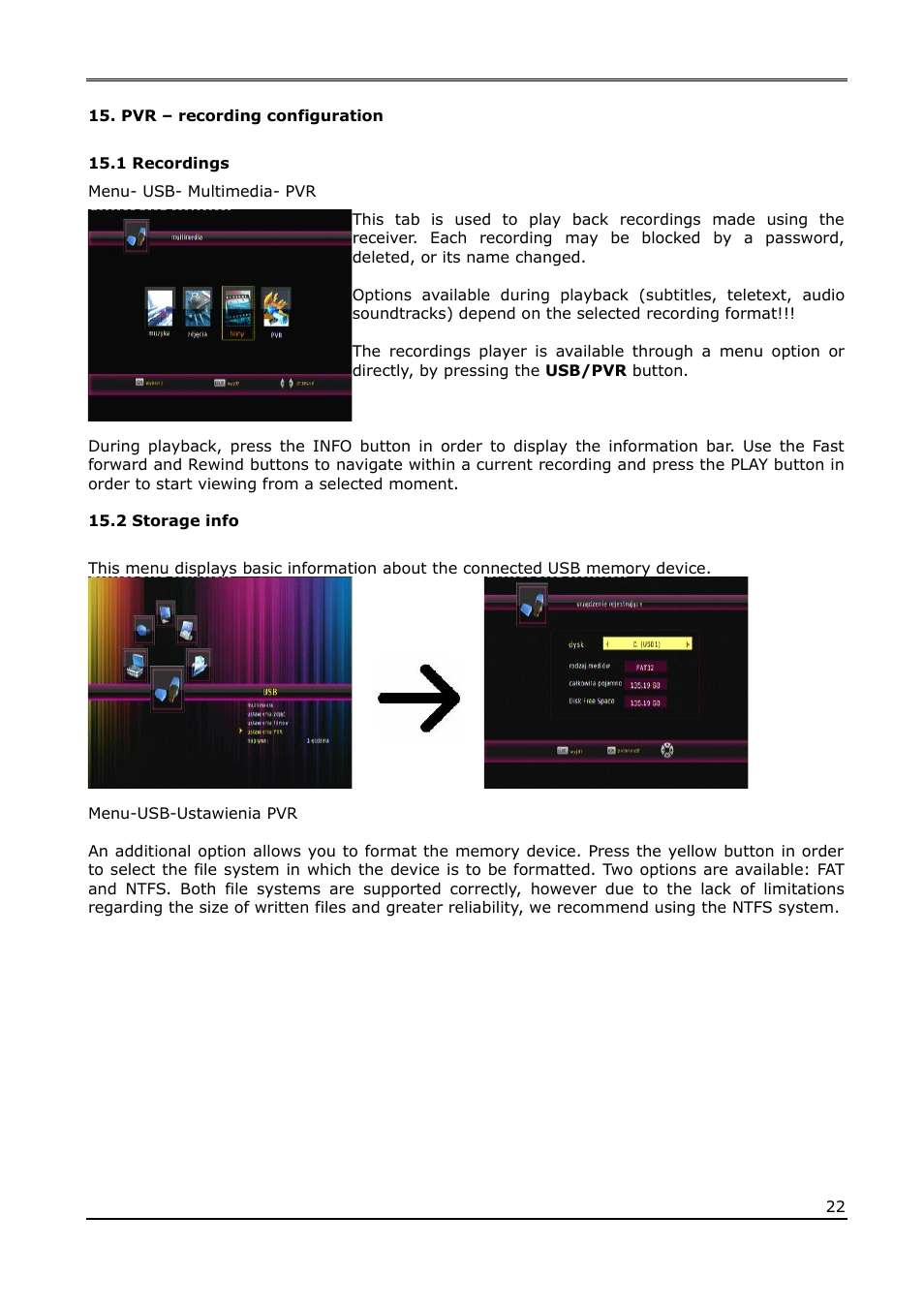 Pvr – recording configuration, 1 recordings, 2 storage info | Ferguson Ariva T60 User Manual | Page 22 / 35