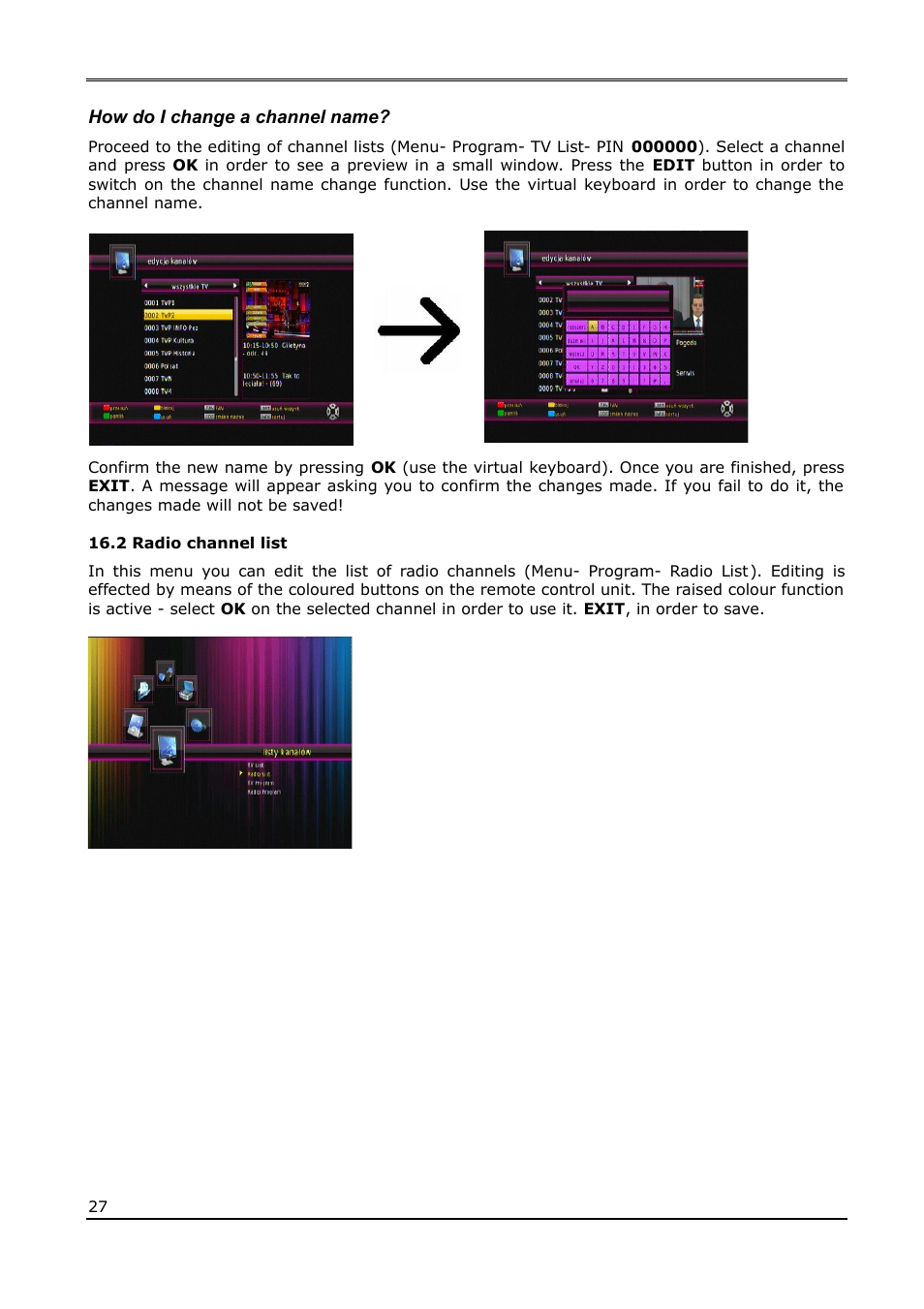 How do i change a channel name, 2 radio channel list | Ferguson Ariva T60 User Manual | Page 27 / 35
