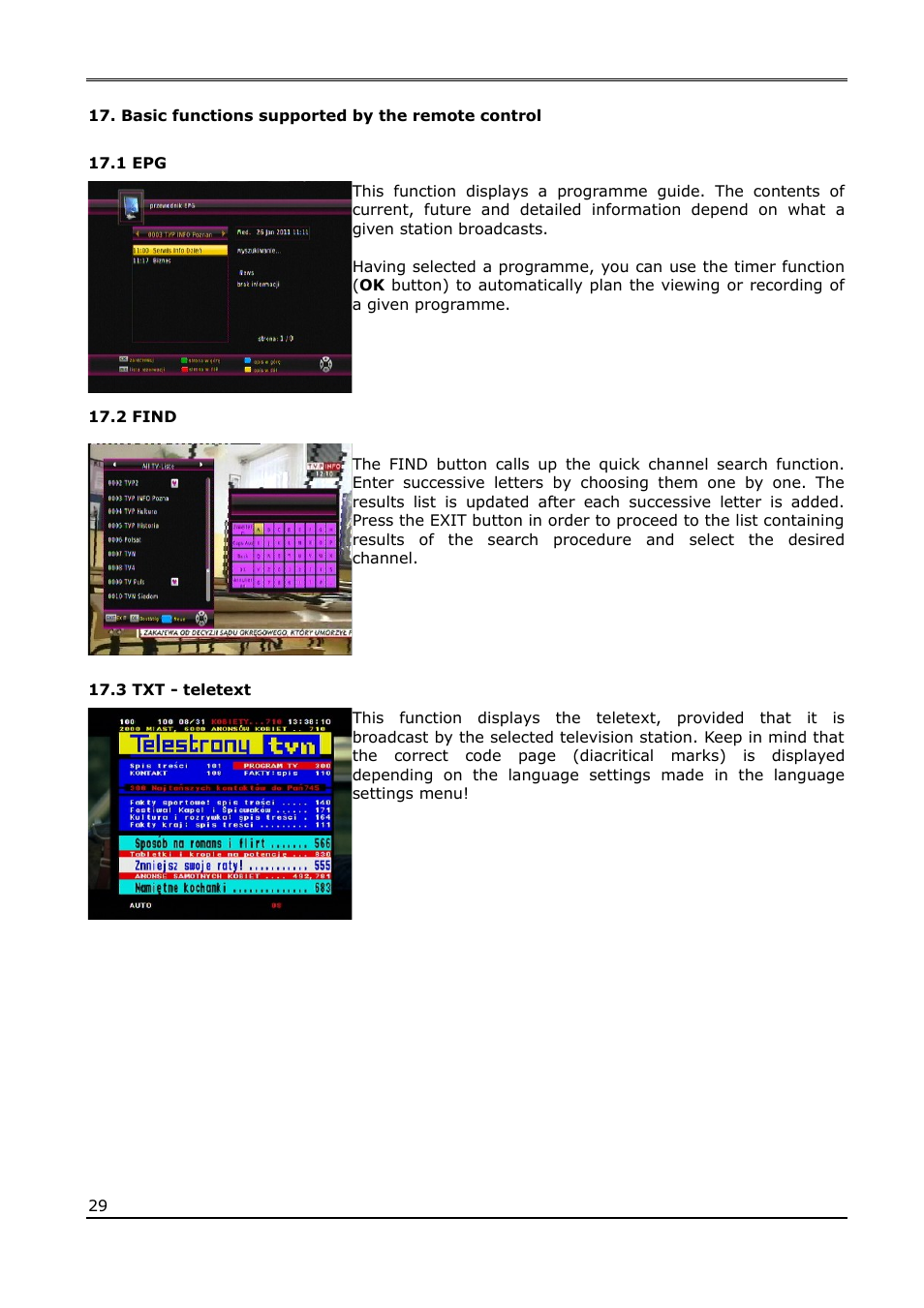 Basic functions supported by the remote control, 1 epg, 2 find | 3 txt - teletext | Ferguson Ariva T60 User Manual | Page 29 / 35
