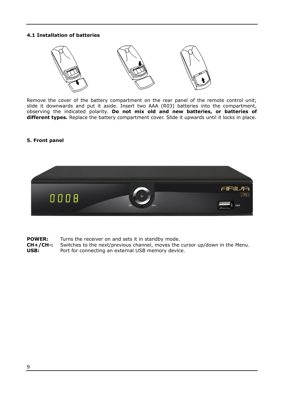 1 installation of batteries, Front panel | Ferguson Ariva T60 User Manual | Page 9 / 35
