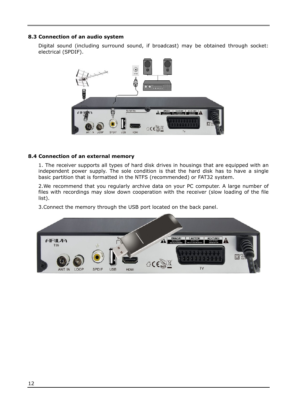 3 connection of an audio system, 4 connection of an external memory | Ferguson Ariva T55 User Manual | Page 12 / 36