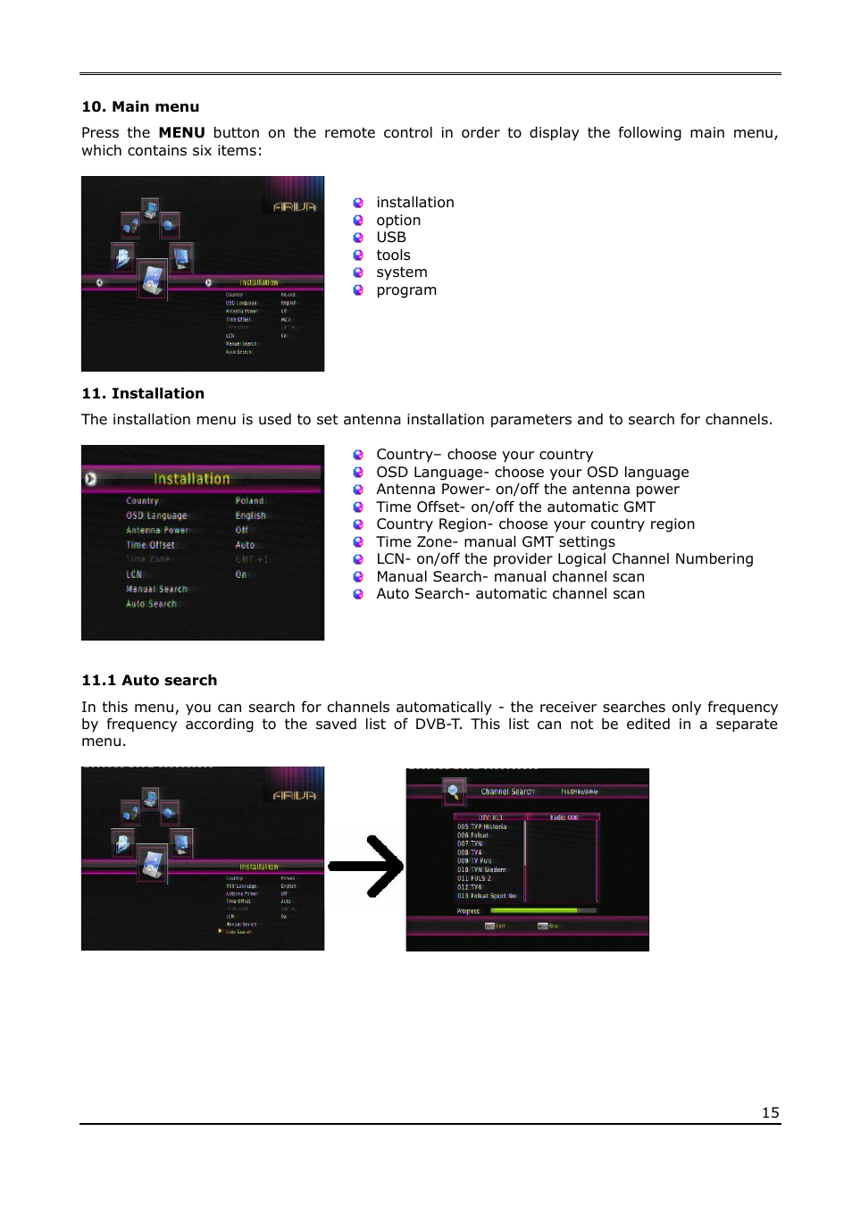 Main menu, Installation, 1 auto search | Ferguson Ariva T55 User Manual | Page 15 / 36