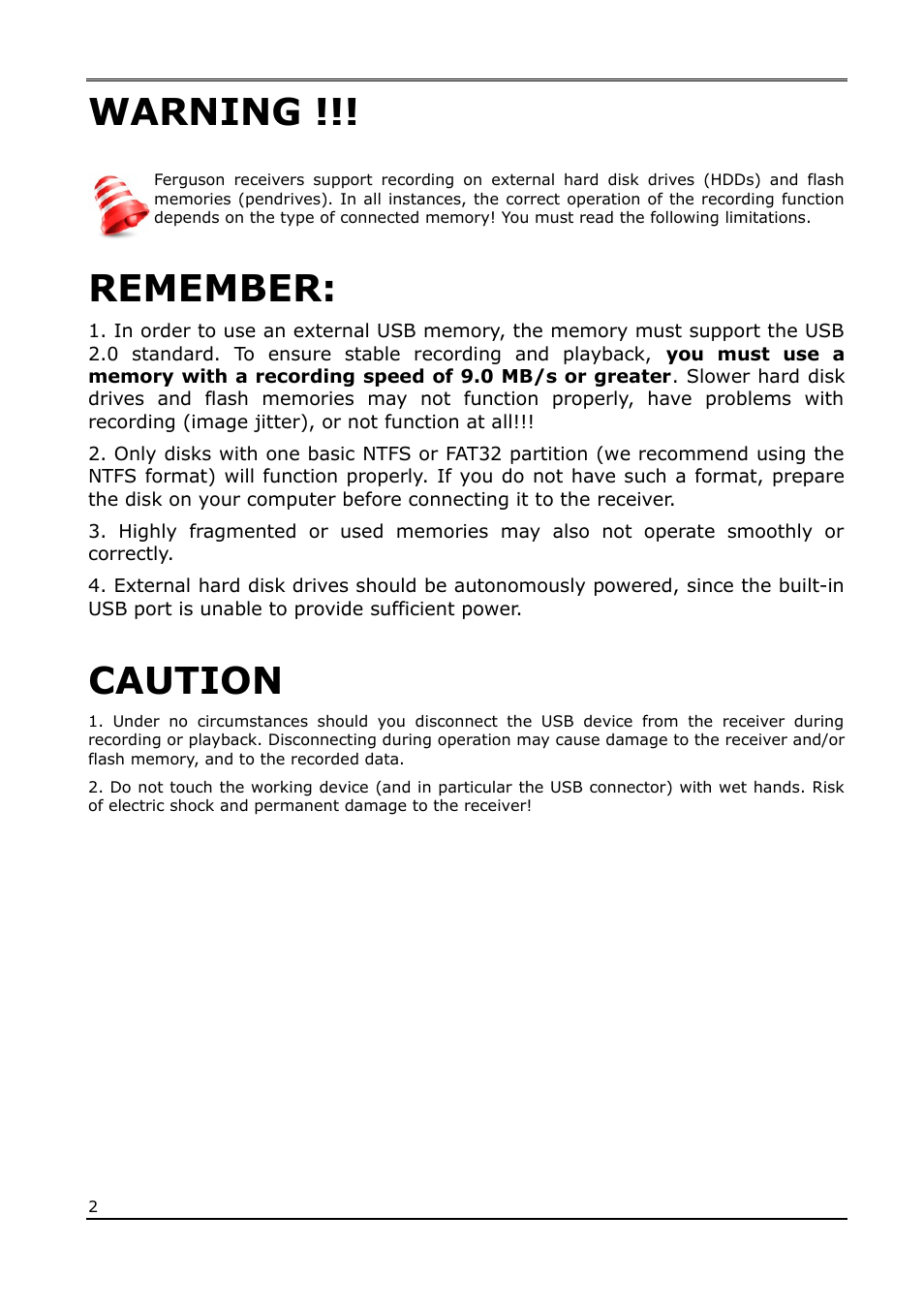 Warning, Remember, Caution | Ferguson Ariva T55 User Manual | Page 2 / 36