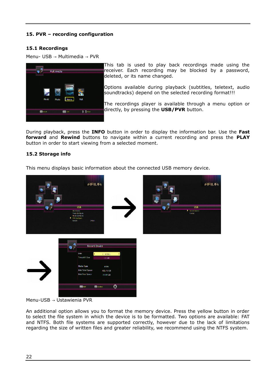 Pvr – recording configuration, 1 recordings, 2 storage info | Ferguson Ariva T55 User Manual | Page 22 / 36