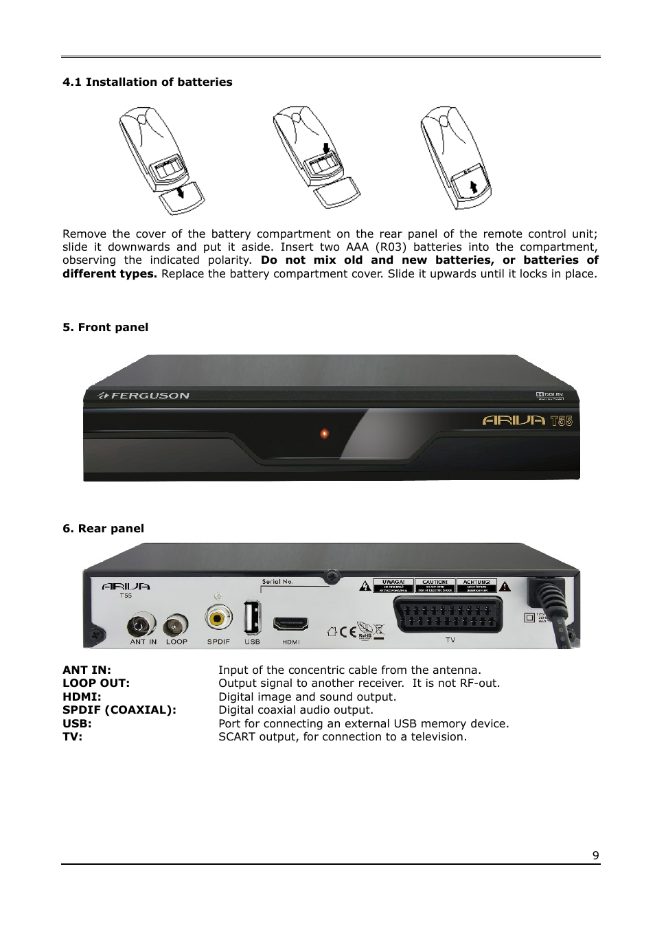 1 installation of batteries, Front panel, Rear panel | Ferguson Ariva T55 User Manual | Page 9 / 36