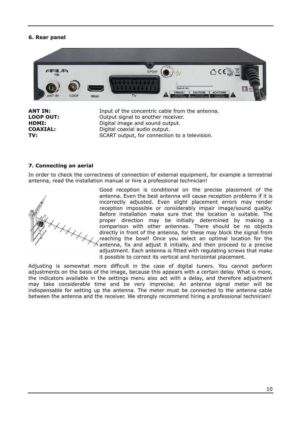 Rear panel, Connecting an aerial | Ferguson Ariva T50 User Manual | Page 10 / 34