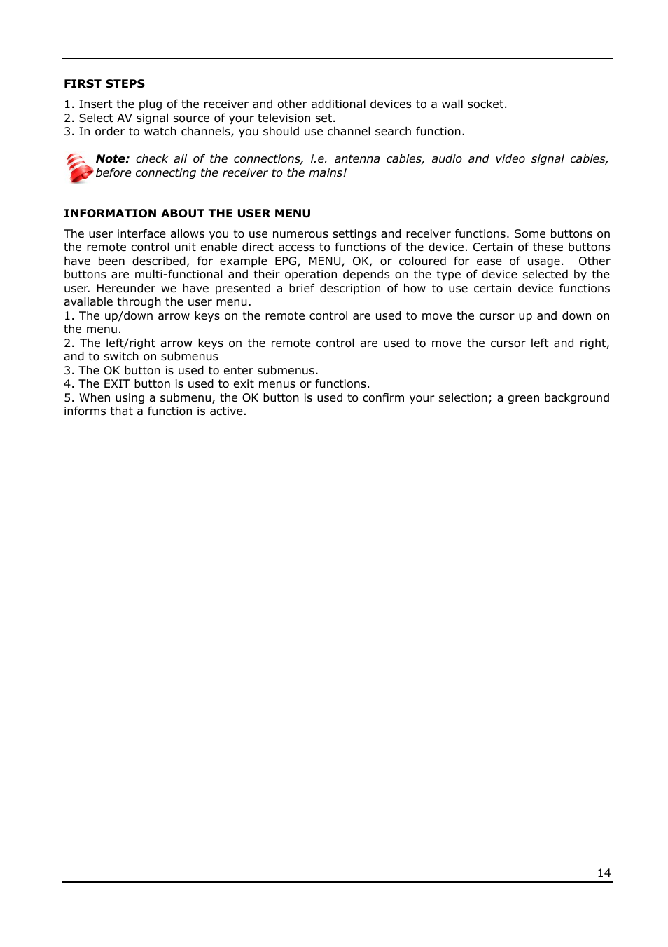 First steps, Information about the user menu | Ferguson Ariva T50 User Manual | Page 14 / 34