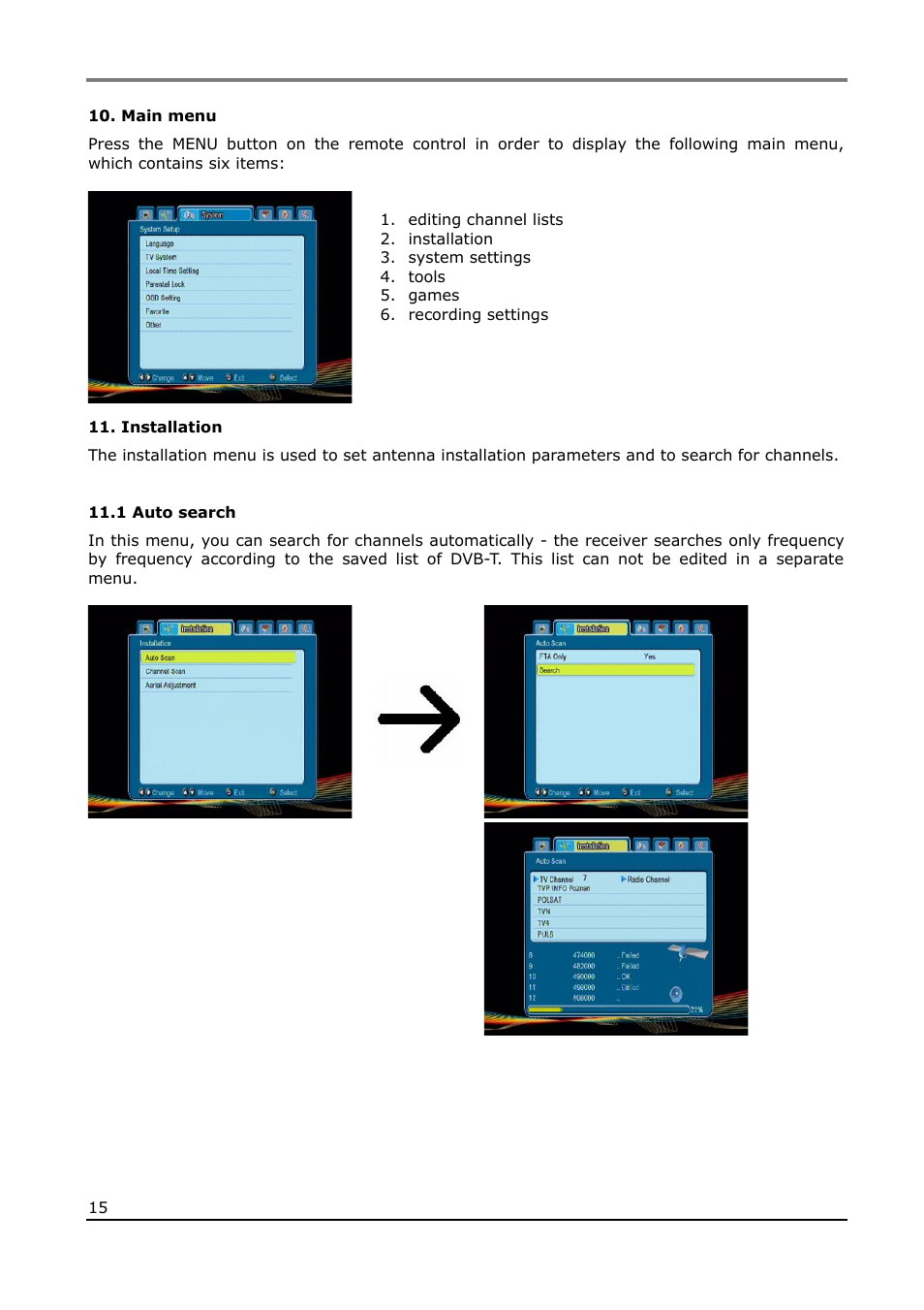 Main menu, Installation, 1 auto search | Ferguson Ariva T50 User Manual | Page 15 / 34
