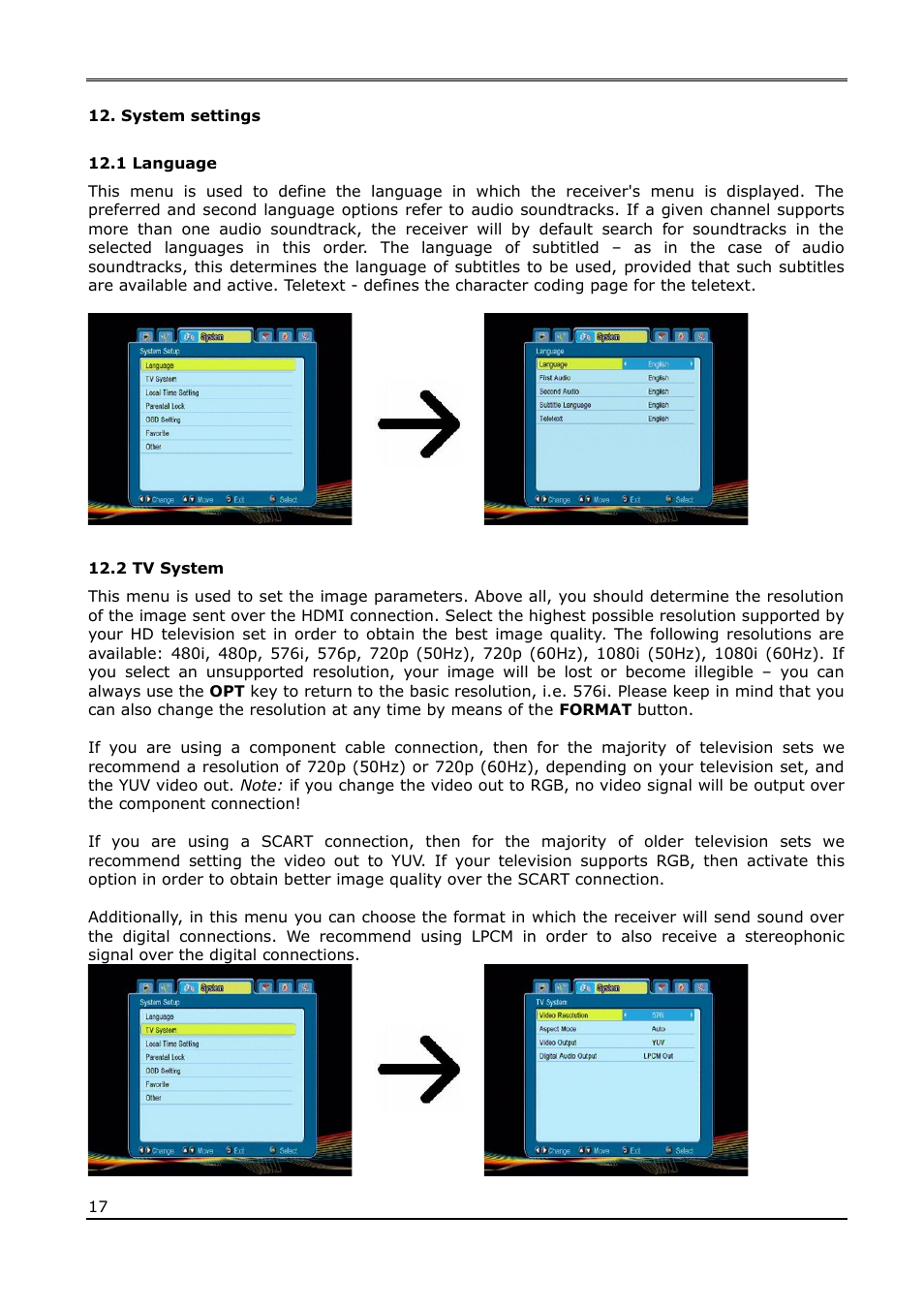 System settings, 1 language, 2 tv system | Ferguson Ariva T50 User Manual | Page 17 / 34
