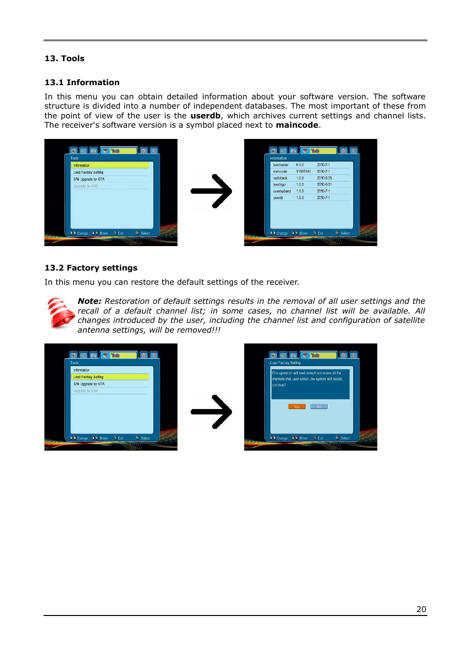 Tools, 1 information, 2 factory settings | Ferguson Ariva T50 User Manual | Page 20 / 34