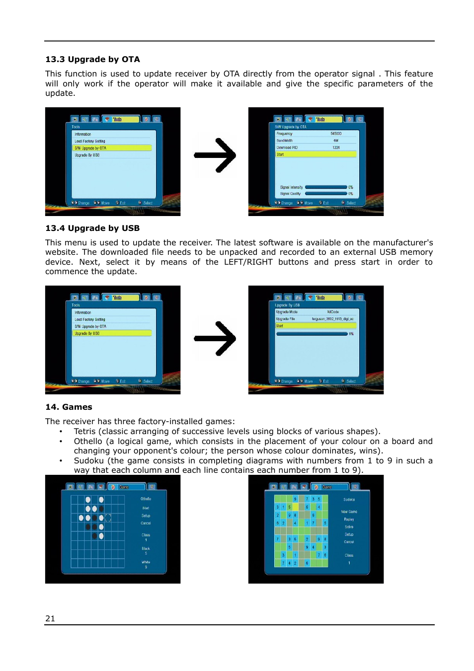 3 upgrade by ota, 4 upgrade by usb, Games | Ferguson Ariva T50 User Manual | Page 21 / 34