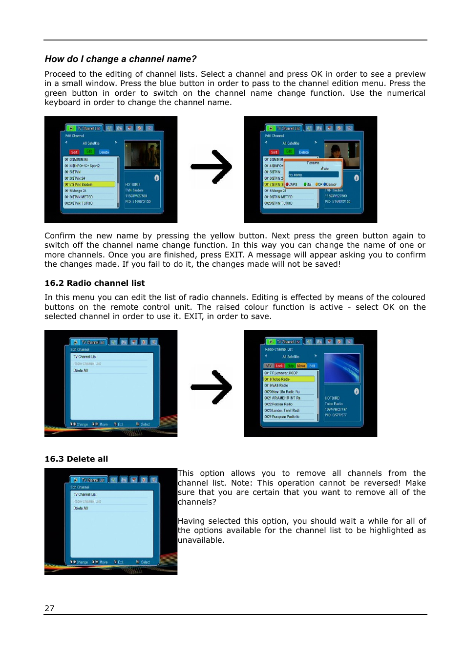 How do i change a channel name, 2 radio channel list, 3 delete all | Ferguson Ariva T50 User Manual | Page 27 / 34