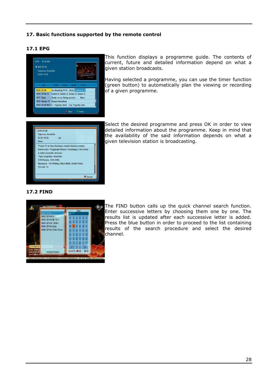 Basic functions supported by the remote control, 1 epg, 2 find | Ferguson Ariva T50 User Manual | Page 28 / 34