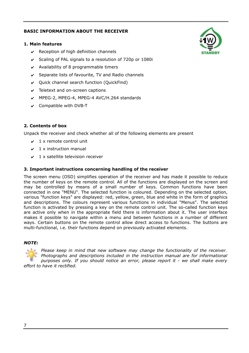 Basic information about the receiver, Main features, Contents of box | Ferguson Ariva T50 User Manual | Page 7 / 34
