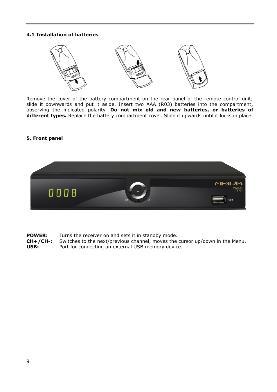 1 installation of batteries, Front panel | Ferguson Ariva T50 User Manual | Page 9 / 34