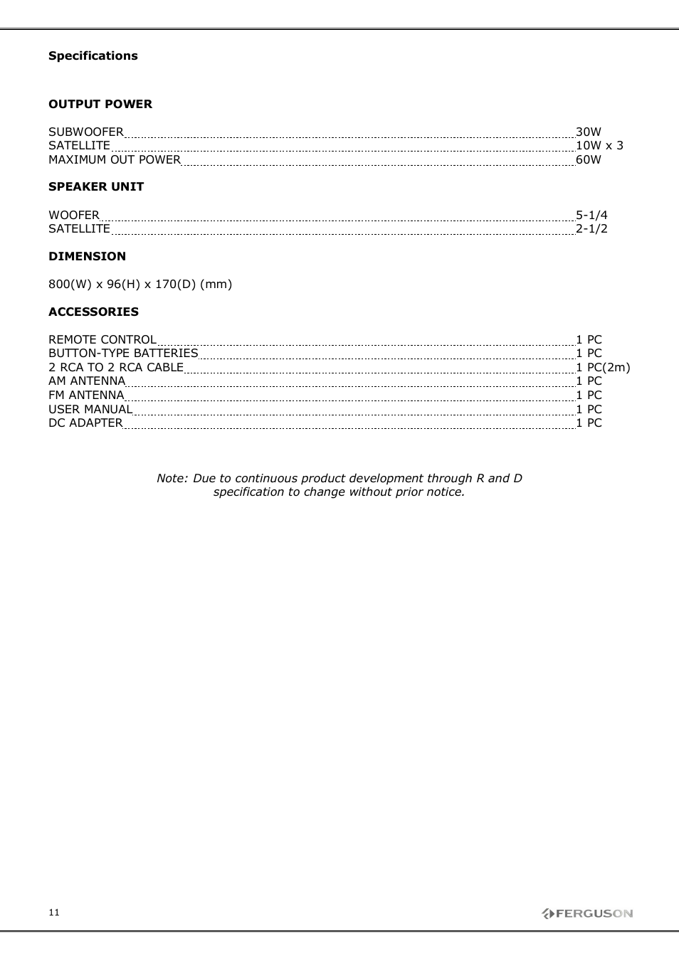 Ferguson TSP-800B User Manual | Page 11 / 11