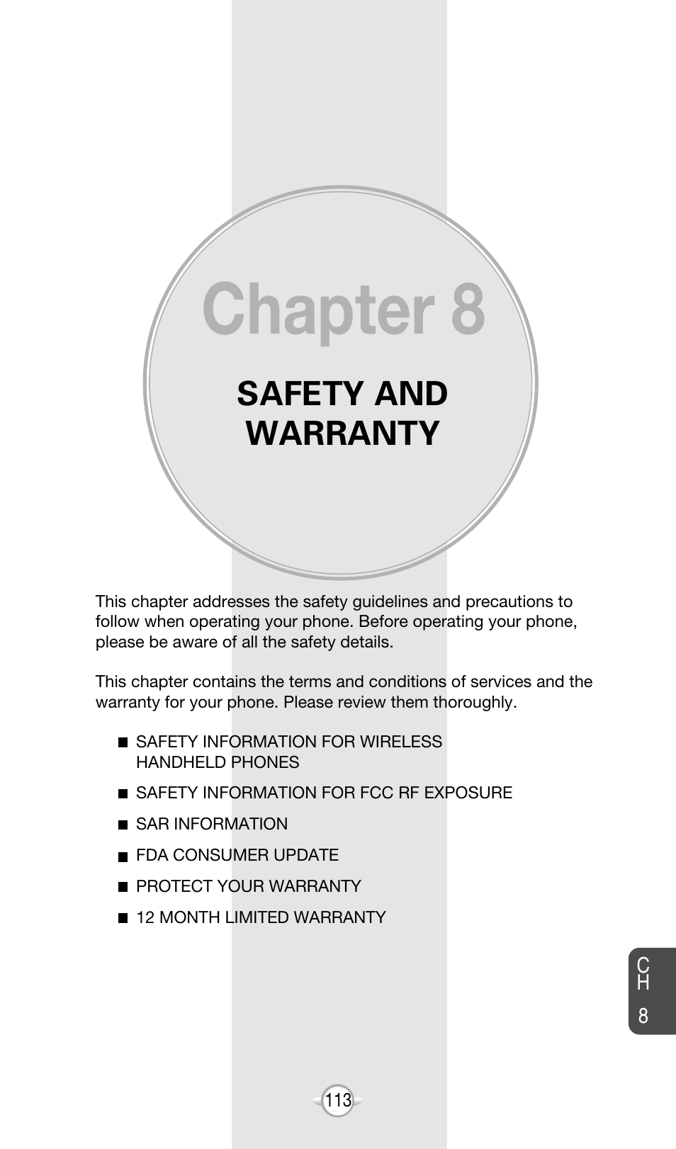 Chapter 8, Safety and warranty | Audiovox CDM-8615 User Manual | Page 116 / 131