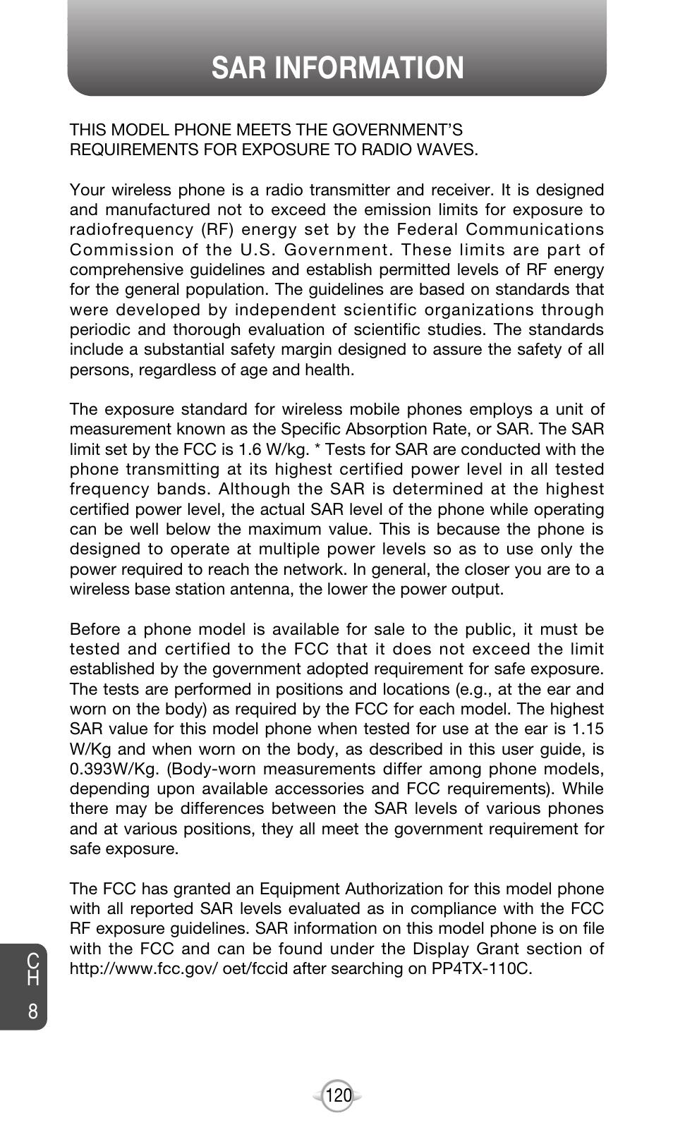 Sar information | Audiovox CDM-8615 User Manual | Page 123 / 131