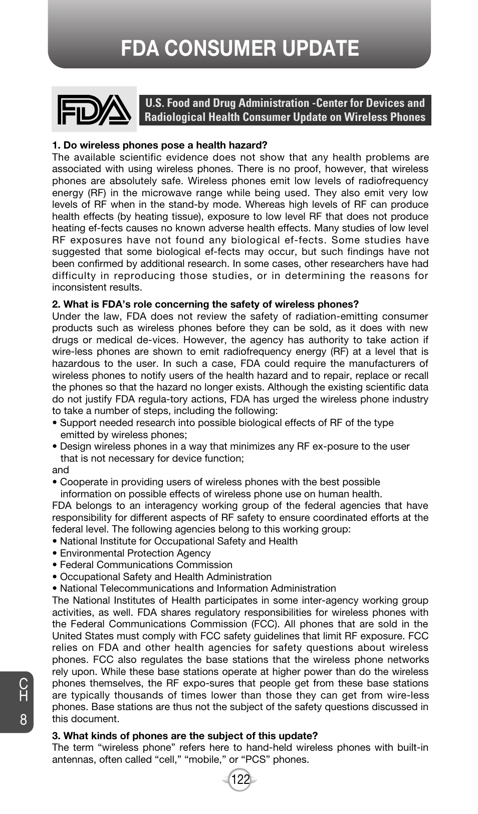 Fda consumer update, Ch 8 | Audiovox CDM-8615 User Manual | Page 125 / 131