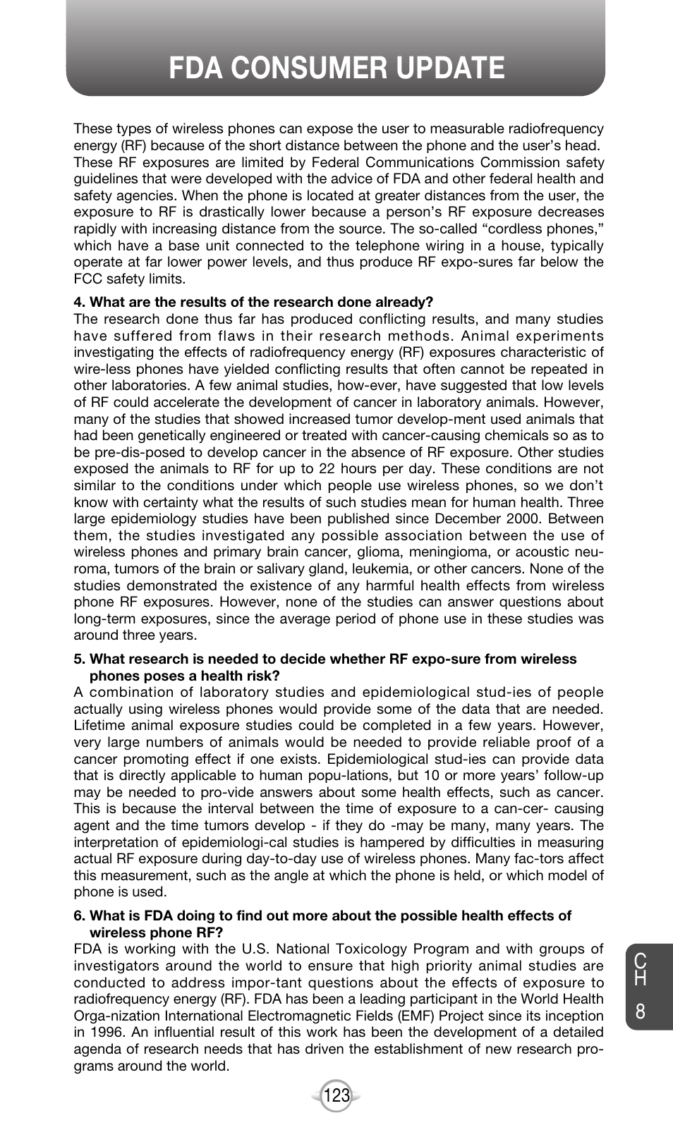 Fda consumer update, Ch 8 | Audiovox CDM-8615 User Manual | Page 126 / 131