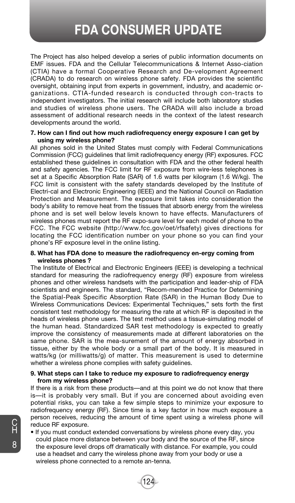 Fda consumer update, Ch 8 | Audiovox CDM-8615 User Manual | Page 127 / 131