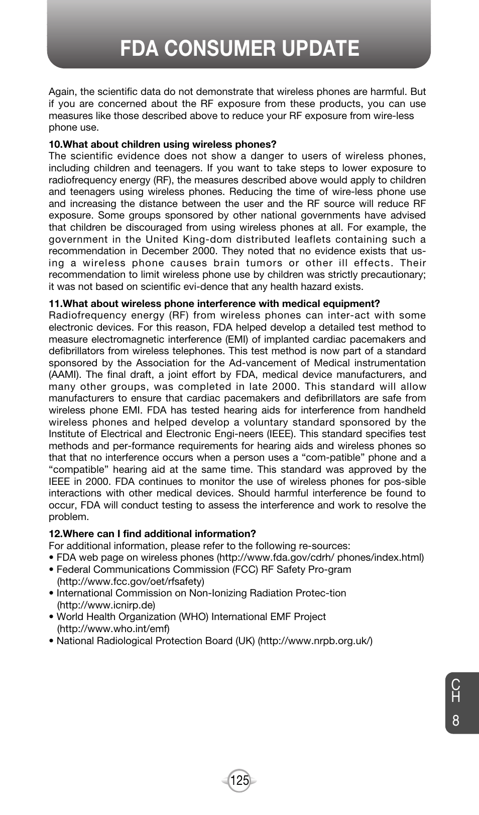 Fda consumer update, Ch 8 | Audiovox CDM-8615 User Manual | Page 128 / 131