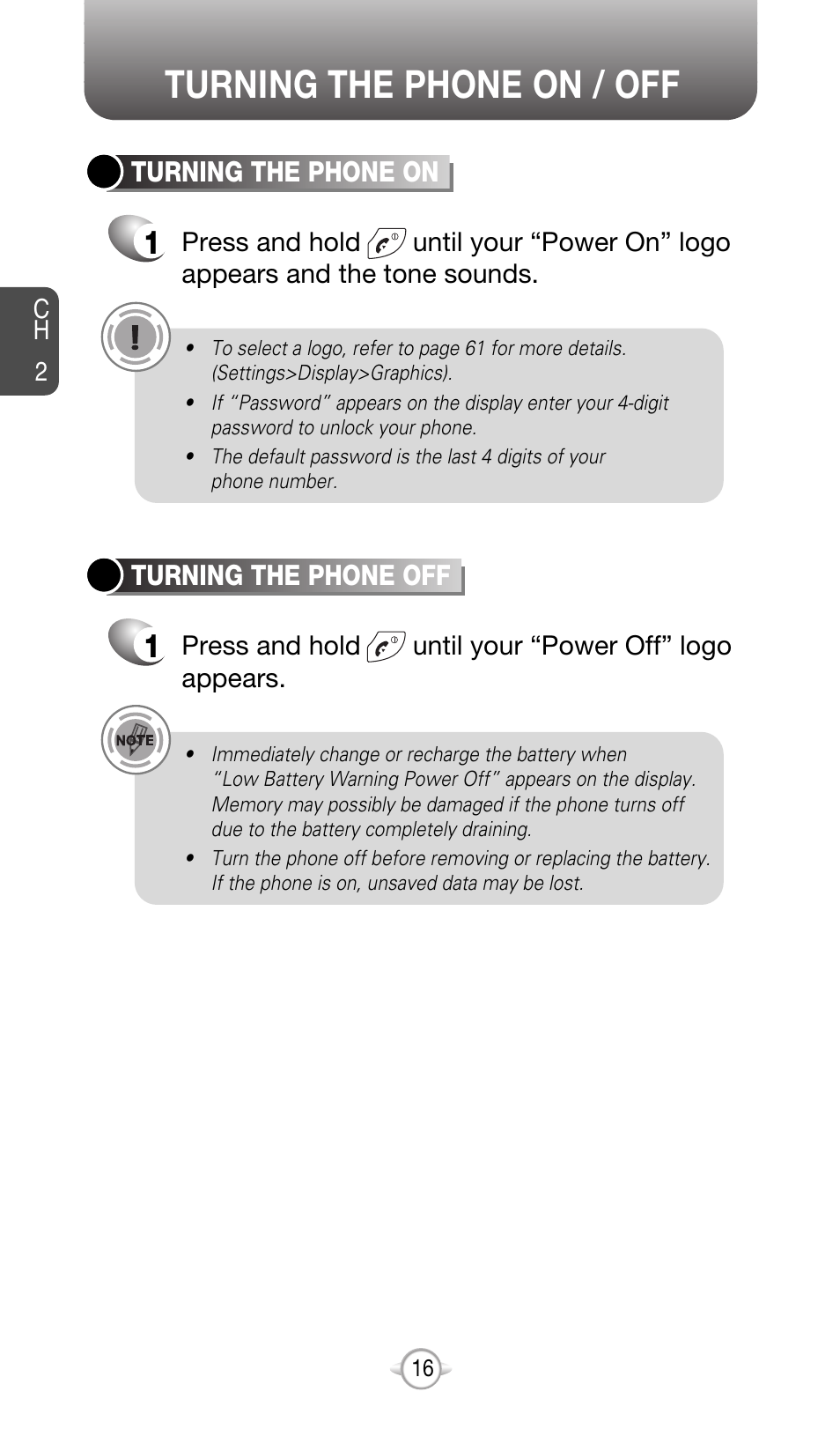 Turning the phone on / off | Audiovox CDM-8615 User Manual | Page 19 / 131