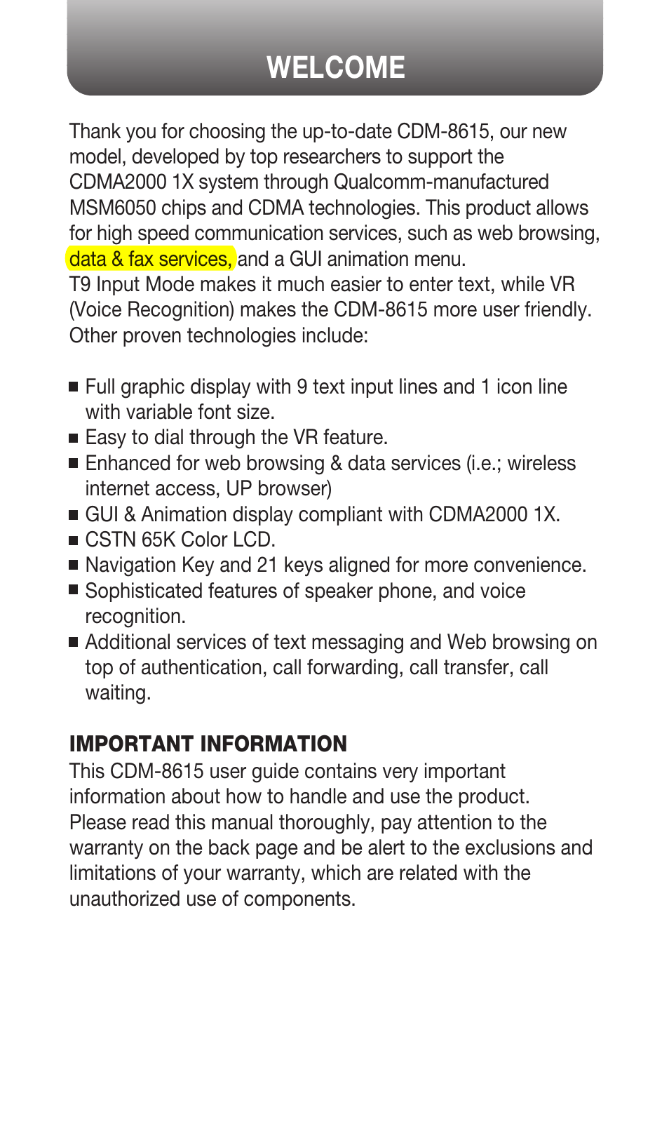 Welcome | Audiovox CDM-8615 User Manual | Page 3 / 131