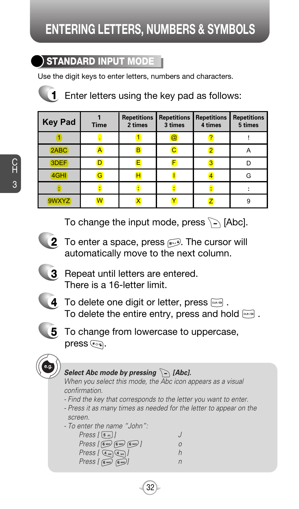 Entering letters, numbers & symbols, Standard input mode, Ch 3 | Enter letters using the key pad as follows | Audiovox CDM-8615 User Manual | Page 35 / 131