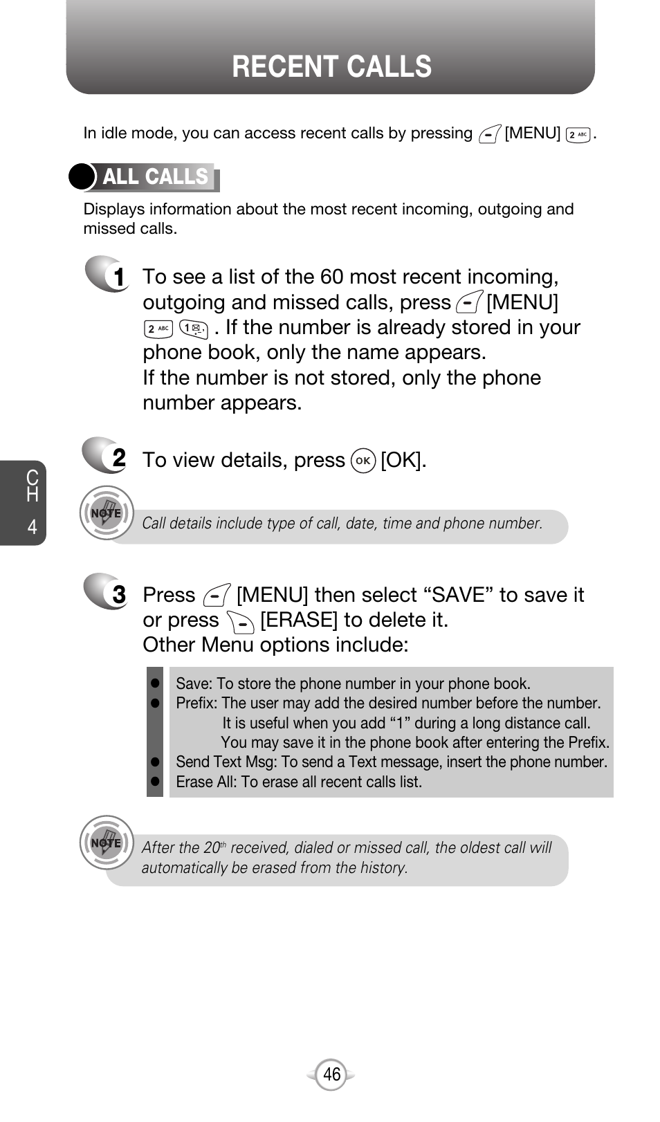 Recent calls, All calls | Audiovox CDM-8615 User Manual | Page 49 / 131