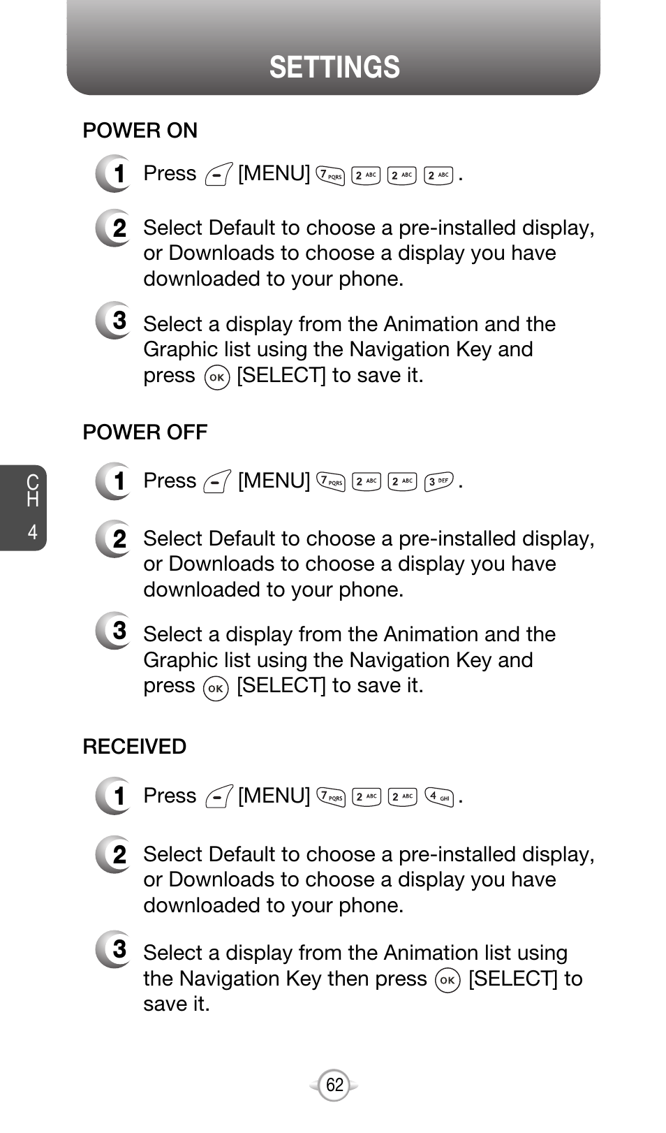 Settings | Audiovox CDM-8615 User Manual | Page 65 / 131