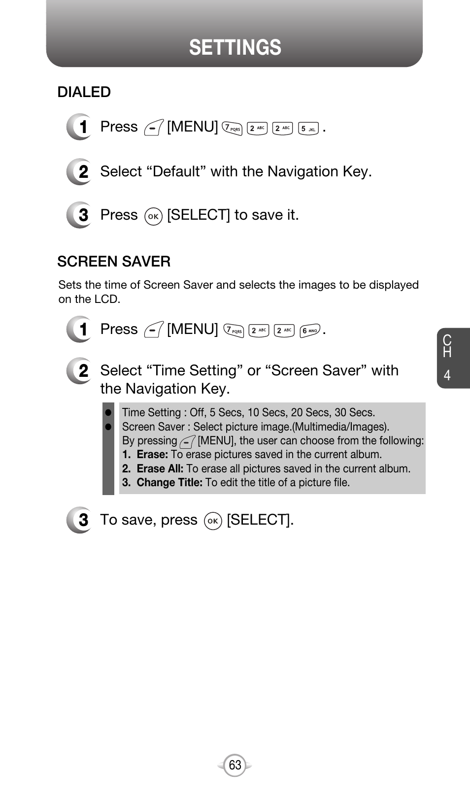 Settings | Audiovox CDM-8615 User Manual | Page 66 / 131