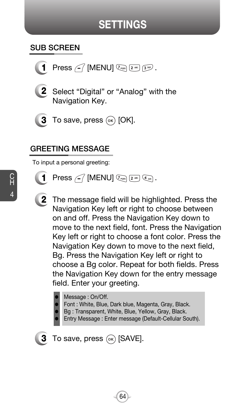 Settings | Audiovox CDM-8615 User Manual | Page 67 / 131