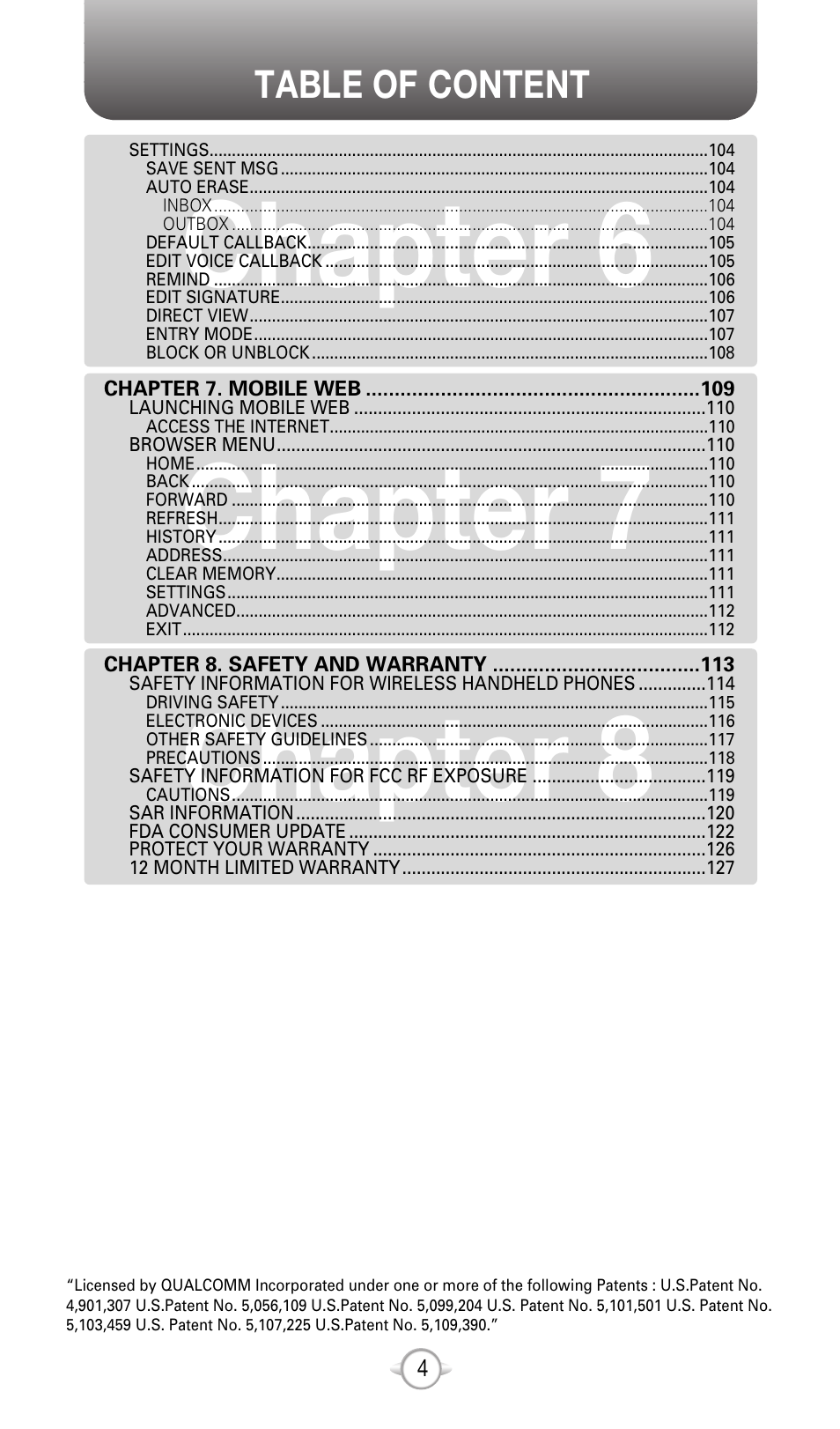 Chapter 7 chapter 6 chapter 8, Table of content | Audiovox CDM-8615 User Manual | Page 7 / 131