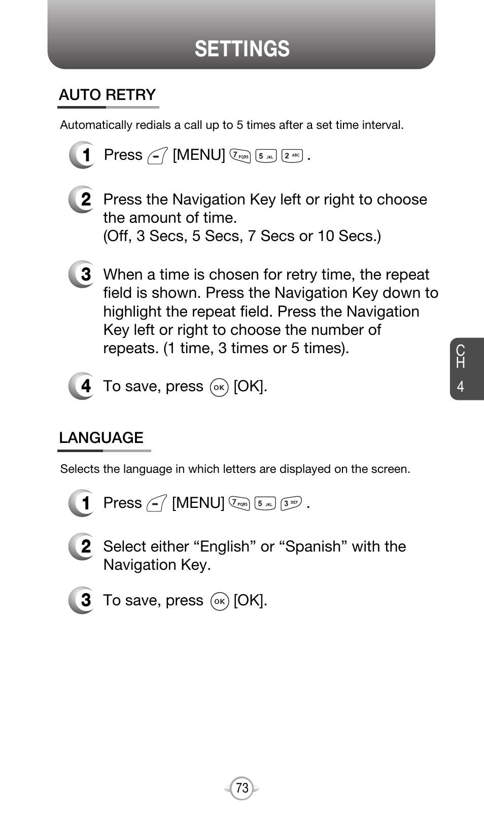Settings | Audiovox CDM-8615 User Manual | Page 76 / 131