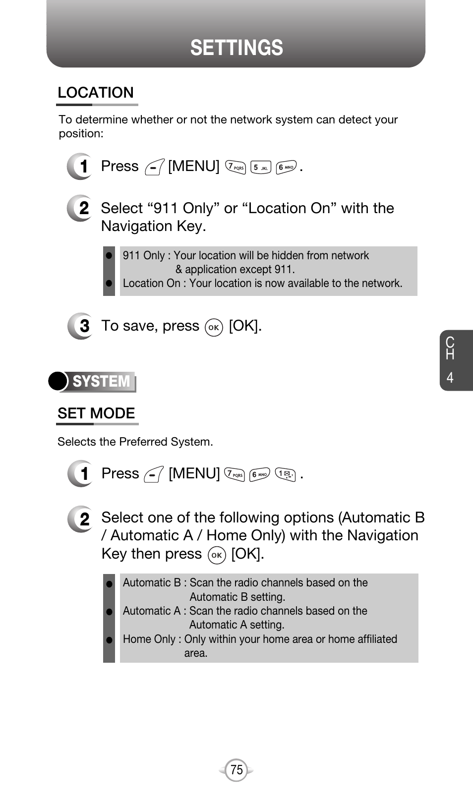 Settings | Audiovox CDM-8615 User Manual | Page 78 / 131